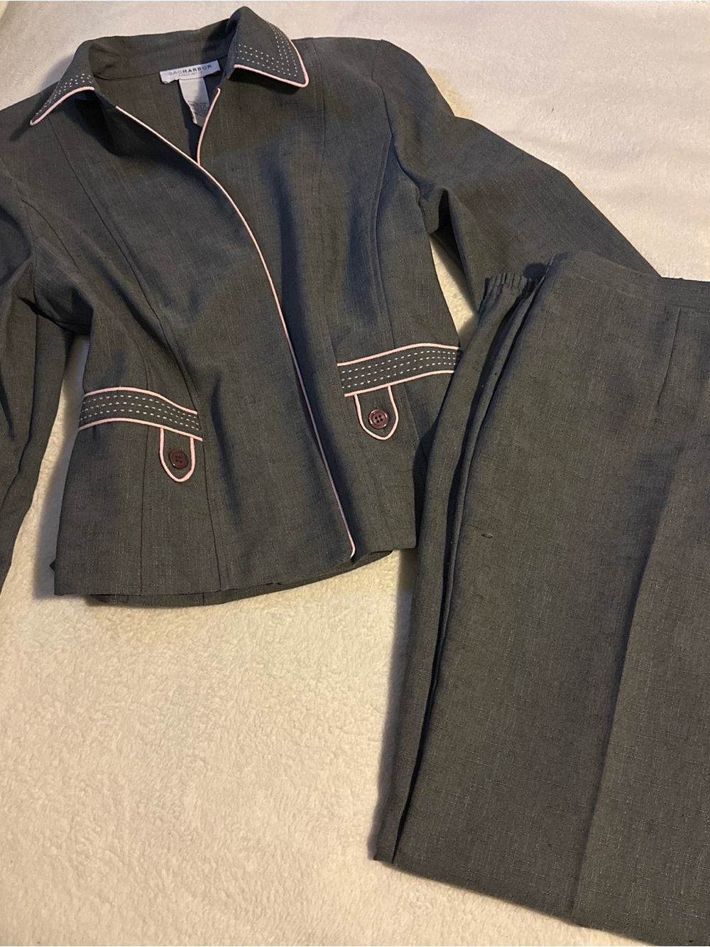 Sag Harbor Dark Gray Two-Piece Pantsuit with Pink Trim